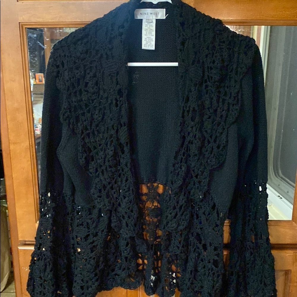 Nine West Black Lace Cardigan Sweater Large Linen Blend